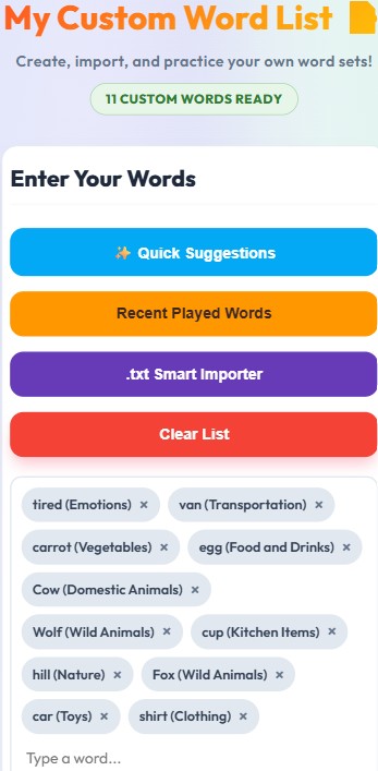 Create your own custom spelling list and play fun interactive games with keyboard support, images and sounds